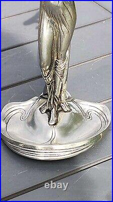 Bougeoir Flambeau Art Nouveau/Figurine Femme Antique. En Étain Patine Argentée