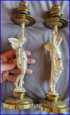 Bougeoirs 1900 drapés à l'antique Bronze argenté & doré Putto & femme papillon