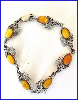 Bracelet Art Nouveau argent 925 et ambre jaune/caramel Signé