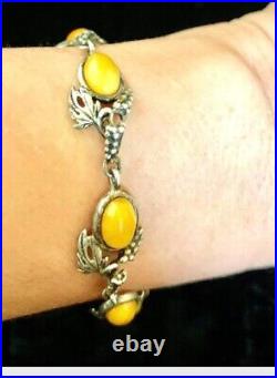 Bracelet Art Nouveau argent 925 et ambre jaune/caramel Signé