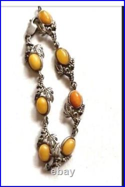 Bracelet Art Nouveau argent 925 et ambre jaune/caramel Signé