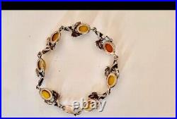 Bracelet Art Nouveau argent 925 et ambre jaune/caramel Signé