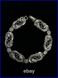 Bracelet En Argent Sterling Floral En Filigrane Art Nouveau 7,5