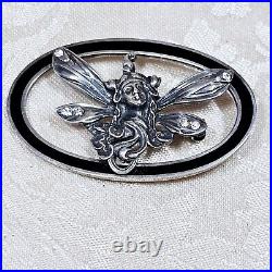 Broche De Style Art Nouveau Ari D. Norman London Argent 925 Émail Noir Zircons