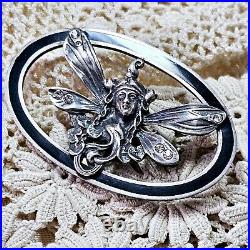 Broche De Style Art Nouveau Ari D. Norman London Argent 925 Émail Noir Zircons