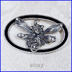 Broche De Style Art Nouveau Ari D. Norman London Argent 925 Émail Noir Zircons