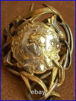 Broche Epingle A Foulard Ancienne Art Nouveau Metal Argenté Doré Decor De Femme