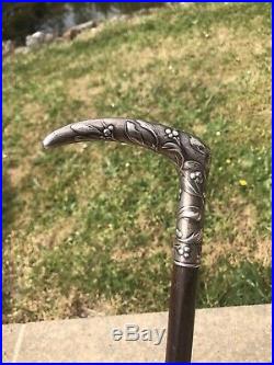CANNE Ancienne Pommeau Argent ART NOUVEAU GUI Antique Walking Stick XX 1900