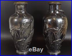 Christofle, Gallia, W M F Paire de Vase Art Nouveau en Métal Argenté. Héron