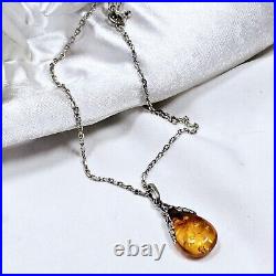 Collier Goutte D'ambre 60's Serti Style Art Nouveau Sur Chaine Argent 925