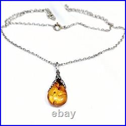 Collier Goutte D'ambre 60's Serti Style Art Nouveau Sur Chaine Argent 925