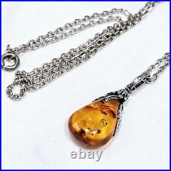 Collier Goutte D'ambre 60's Serti Style Art Nouveau Sur Chaine Argent 925