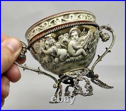 Coupelle Art Nouveau Barbotine argent 800 Faune mythologie Anges antique silver