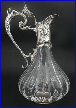 Cristallerie de Lorraine belle aiguière cristal métal argenté, femme Art Nouveau