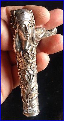 Exceptionnel Pommeau De Canne Argent Massif Art Nouveau Femme Jugendstil Silver