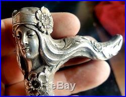 Exceptionnel Pommeau De Canne Argent Massif Art Nouveau Femme Jugendstil Silver