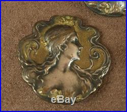 Ensemble De 4 Boutons Anciens Art Nouveau Bronze Argente Et Dore Decor Femme