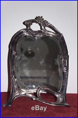 Glace Miroir Biseaute A Poser En Metal Argente1900 Art Nouveau 44x32 CM