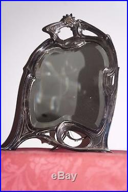 Glace Miroir Biseaute A Poser En Metal Argente1900 Art Nouveau 44x32 CM