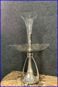 Grand pique fleurs centre de table argenté et cristal ciselé ép Art Nouveau H 52