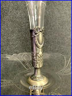 Grand pique fleurs centre de table argenté et cristal ciselé ép Art Nouveau H 52