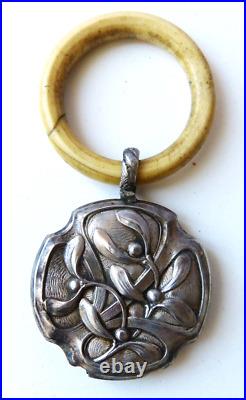 Hochet de bébé ARGENT Art Nouveau 1900 gui mistletoe grelot silver rattle