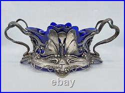 Jardinière verre soufflé bleu métal argenté de WMF décor papillons Art Nouveau