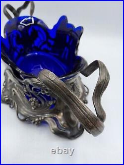 Jardinière verre soufflé bleu métal argenté de WMF décor papillons Art Nouveau