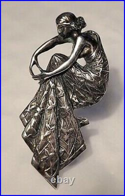 Magnifique Bijou Broche Pendentif Art Nouveau Femme A Genou Argent Massif #es#k1