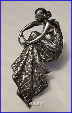 Magnifique Bijou Broche Pendentif Art Nouveau Femme A Genou Argent Massif #es#k1