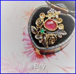 Magnifique bague florale ancienne Art Nouveau or argent rubis émeraude