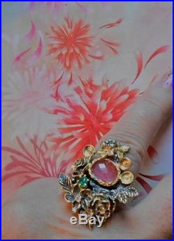 Magnifique bague florale ancienne Art Nouveau or argent rubis émeraude