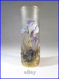 Montjoye Ancien Superbe Vase A Monture Dore Argente Emaille Art Nouveau Iris
