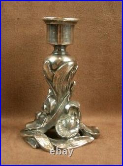Paire De Bougeoirs Anciens Bronze Argenté Art Nouveau Iris Victor Saglier