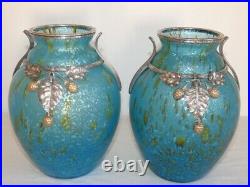 Paire de vases Art Déco 1920-1930 verre et bronze argenté et doré