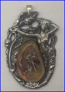 Pendentif Art Nouveau Argent Ambre Vintage Art-Nouveau Fait à la Main 800 Mk