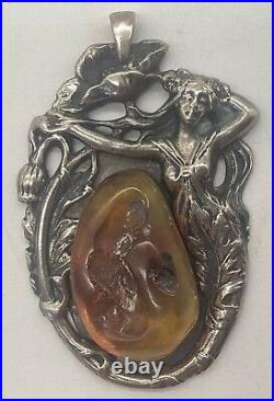 Pendentif Art Nouveau Argent Ambre Vintage Art-Nouveau Fait à la Main 800 Mk