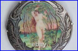 Pendentif Médaillon argent émaillé Femme nue Art Nouveau Bijoux (62695)