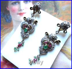 Rares boucles d'oreilles anciennes Art Nouveau argent émeraude rubis brillants