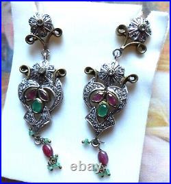 Rares boucles d'oreilles anciennes Art Nouveau argent émeraude rubis brillants