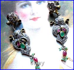 Rares boucles d'oreilles anciennes Art Nouveau argent émeraude rubis brillants