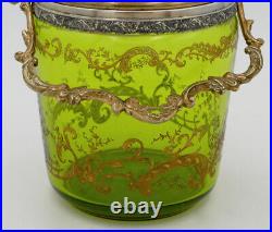 Seau à biscuits, pot, Art Nouveau, métal argenté, doré, verre vert gravé à l'or