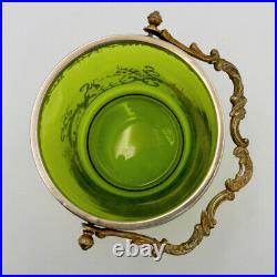 Seau à biscuits, pot, Art Nouveau, métal argenté, doré, verre vert gravé à l'or