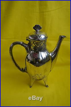Service à thé et café 4 pièces métal argenté Gallia Art nouveau décor de trèfles