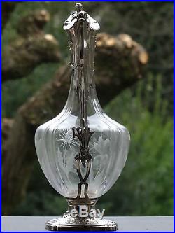 Splendide et rare aiguière en cristal et argent massif, décor D'iris, art nouveau
