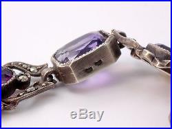 Superbe ancien bracelet en argent marcassites et améthystes Art Nouveau