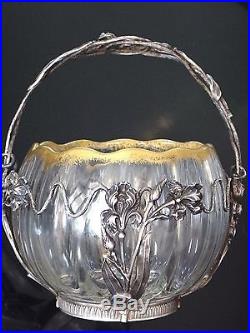 Superbe art nouveau verrerie panier argent jugendstil glass silver basket 1900