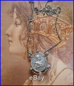 Superbe collier régional ancien Art Nouveau 1900 1920 argent or rose portrait