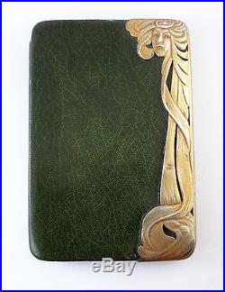 Superbe etui pochette en cuir et argent massif epoque Art Nouveau style Mucha