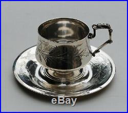 TASSE EN ARGENT MASSIF ART NOUVEAU FLEURS OISEAU Sterling Silver Cup & Saucer